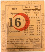 1950 SENESİNİN 16 AGUSTOS CARŞAMBA GÜNÜNE AİT KIZILAY TAKVİM YAPRAGI