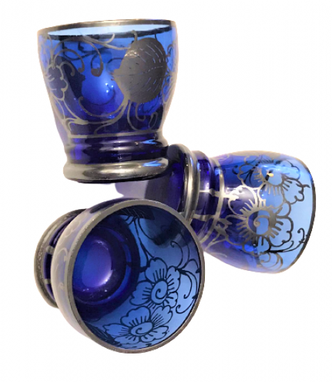 3 ADET EL GÜMÜŞ CEKME OSMANLI KOBALT MAVİSİ CAM UFAK KADEH 4.5 CM BOYUNDADIR