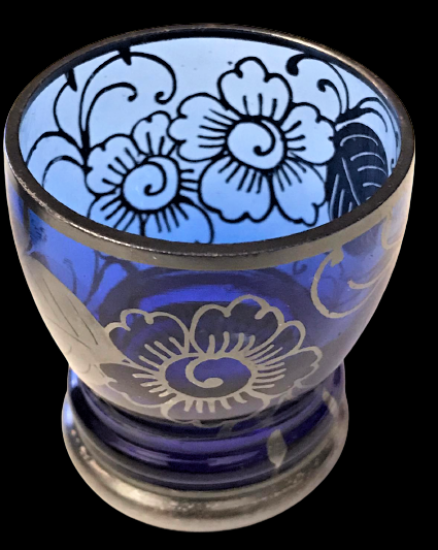 3 ADET EL GÜMÜŞ CEKME OSMANLI KOBALT MAVİSİ CAM UFAK KADEH 4.5 CM BOYUNDADIR