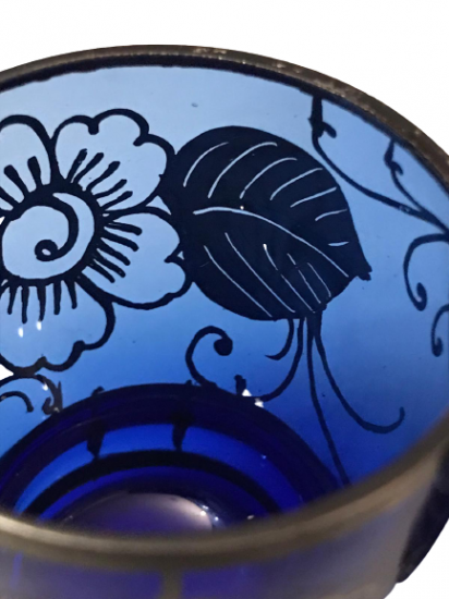 3 ADET EL GÜMÜŞ CEKME OSMANLI KOBALT MAVİSİ CAM UFAK KADEH 4.5 CM BOYUNDADIR