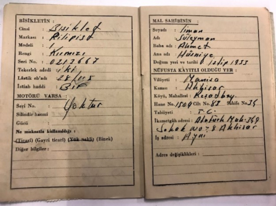 1961 MANİSA AKHİSAR BİSİKLET RUHSATI TRAFİK RUHSATNAMESİ