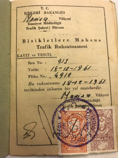 1961 MANİSA AKHİSAR BİSİKLET RUHSATI TRAFİK RUHSATNAMESİ