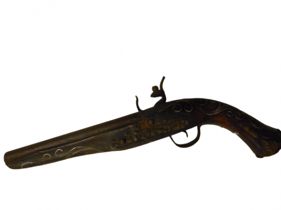 EL YAPIMI ÇAKMAKLI PİŞTOV AHŞAP ÜZERİ PİRİNÇ TEL İŞLEMELİ TABANCA