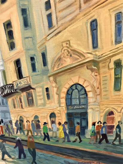 YAVUZ SARACOĞLU 2009 İMZALI TUAL ÜZERİ YAGLIBOYA BEYOGLU İSTİKLAL CADDESİ TRANVAY CALIŞMASI