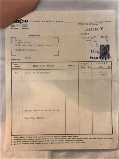 BEKO AS MODEL 125 MASA RADYOSU FATURASI TAHSİLAT MAKBUZU ŞEMASI 3 PARCA