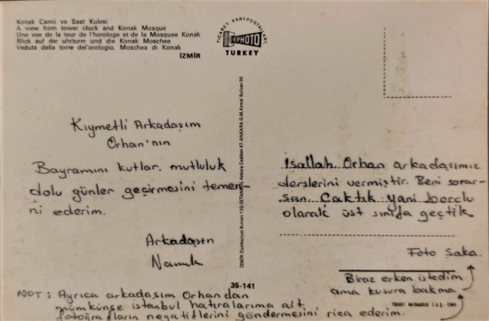 İZMİR KONAK CAMİİ VE SAAT KULESİ KARTPOSTAL OFSET BASKI POSTADAN GECMİŞ YAZILI TİCARET KARTPOSTALLARI