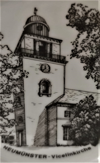 1950 GERMANY BEYAZ PORSELEN DUVAR TABAGI NEUMÜNSTER-VİCELİNKİRCHE GÖRSELLİ SİYAH BEYAZ OLARAK YAPILMIŞ