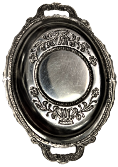 1970 PASLANMAZ KROM CELİK CAY TABAGI TEPSİ FORMUNDA ÜZESİ KABARTMA İŞCİLİKLİ 6 ADET TAKIM