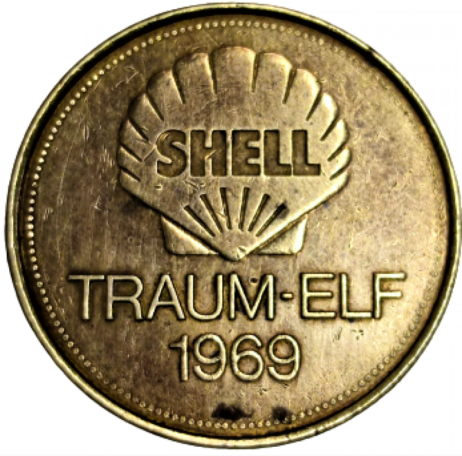 SHELL TRAUM ELF 1969 REINHARD LİBUDA CELİK KK8.1 PİRİNC KAPLAMA YUVARLAK FORMDA JETON