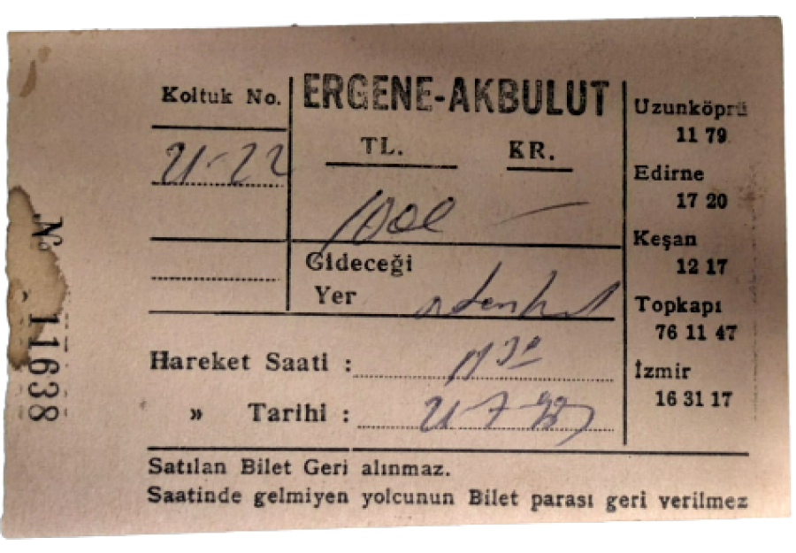 ERGENE AKBULUT OTOBUS İŞLETMELERİ YOLCU BİLETİ 100 TL 21/07/1977 TARİHİNDE KESİLMİŞ 21 VE 22 NUMARALI KOLTUK